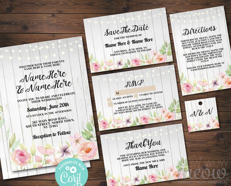 Wedding Invitations Set Template Wood Package Printable Invites Save The Date INSTANT DOWNLOAD Tags Pink Floral Personalize Editable WCWP079