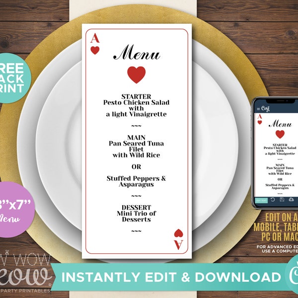 Menu Hearts Dinner Casino Template Wedding Vegas Package INSTANT DOWNLOAD Red Playing Cards Matching Printable Personalize Editable WCWP039