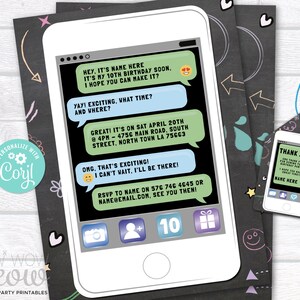 Mobile Phone Invitation Text Birthday Party INSTANT DOWNLOAD Cell Texting Calling Invite Personalise Chalk Customize Edit Printable WCBK165