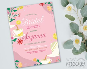May include: Pink bridal brunch invitation with floral and lemon illustrations. The invitation reads "Bridal Brunch Honoring Suzanna" with event details. Includes the text "WOW WOW meow PURR-FECT PARTIES".