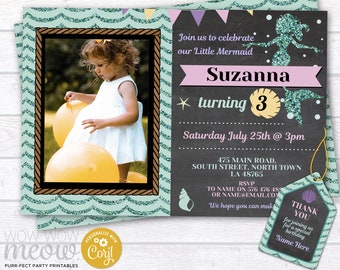 Mermaid Birthday Photo Invitations ANY age Party Invites Girls Glitter Under Sea Pool INSTANT DOWNLOAD Picture Teal Pink Printable WCBK331