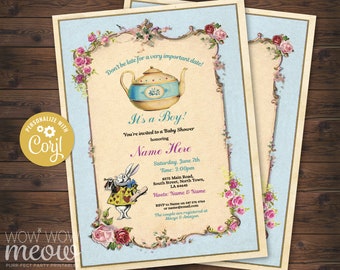 Wonderland Tea Party Baby Shower Invitation It's a Boy Alice In Twins Couple Floral Invite Teapot DOWNLOAD Personalize Printable WCBS069