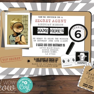 Secret Agent Invitations Birthday Invite Spy INSTANT DOWNLOAD Editable Children&#39;s Kid&#39;s Detective Party Photo File Home Top Secret WCBK095