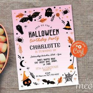 Kid&#39;s Birthday Halloween Girls Invitations Costume Photo Children&#39;s Party Invite Printable Pink DOWNLOAD Bats Pumpkin Personalized WCHA111