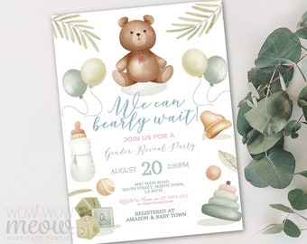 Bear Baby Shower Invitation Gender Reveal Teddy Boho Boy Girl Invites Balloons Neutral INSTANT DOWNLOAD Bohemian Party Couples WCBS153