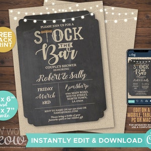 Stock The Bar Invitations Engagement Invite Couples Shower Burlap Party INSTANT DOWNLOAD Wood Lights Personalize Editable Printable WCST002