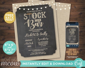 Stock The Bar Invitations Engagement Invite Couples Shower Burlap Party INSTANT DOWNLOAD Wood Lights Personalize Editable Printable WCST002
