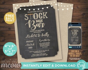 May include: A printable invitation for a couple's shower with a chalkboard background and string lights. The invitation says "Stock the Bar" and features the couple's names, Robert and Sally, the date, time, and location of the event. The invitation also includes a request for guests to bring a bottle of their favorite spirit or bar-related gift. The invitation is available for instant download and editing.