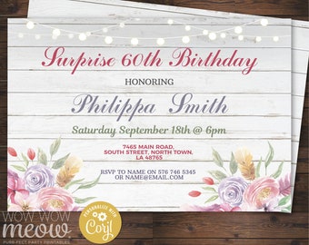 Surprise Birthday Invitations Flower Women's Invite Wood Any Age 40th 50th 60th INSTANT DOWNLOAD Editable Invitation Personalize WCBA237