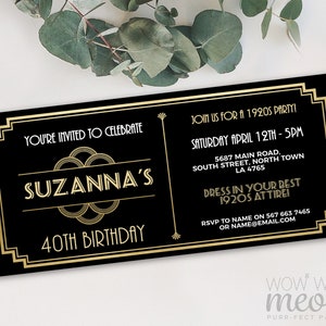 Art Deco Tickets Birthday Roaring 20s Invitation Invite 1920 Party INSTANT DOWNLOAD Gatsby Gold Black Personalize Editable Printable WCBA047