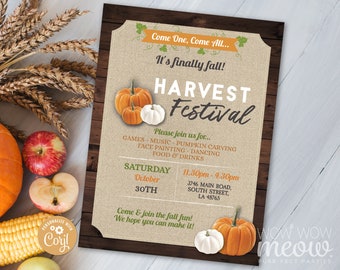 May include: A fall-themed Harvest Festival invitation with pumpkins and text. The invitation includes details about games, music, pumpkin carving, face painting, dancing, food, and drinks. The event is on Saturday, October 30th, from 11:30 am to 4:30 pm.