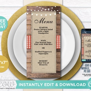 May include: A printable 3.3" x 7" menu template with a rustic wood background and string lights. The menu features a starter, main course, and dessert options. The text "INSTANTLY EDIT & DOWNLOAD WITH CORYL" is at the bottom of the template.