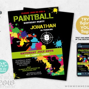 Paintball Invitations Birthday Party Invites Paint Ball Girls Boys Any Age Invite INSTANT DOWNLOAD Digital Tags Editable Printable WCBK022 image 2