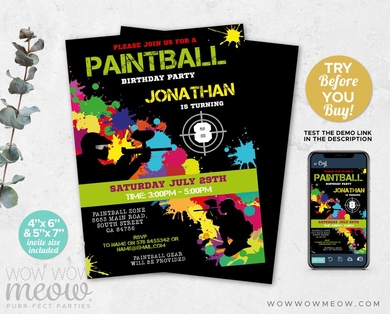 Paintball Invitations Birthday Party Invites Paint Ball Girls Boys Any Age Invite INSTANT DOWNLOAD Digital Tags Editable Printable WCBK022 image 2