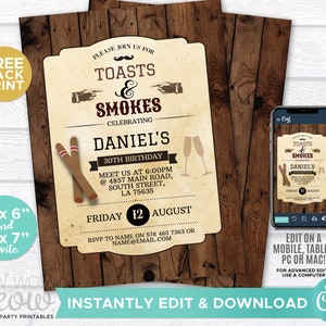 Toasts and Smokes Invite Champagne Birthday Invite Birthday Party INSTANT DOWNLOAD Cigars Women Mens Personalize Editable Printable WCBA108w