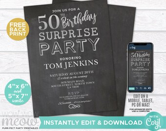 50th Surprise Birthday Invitation Chalk Board FIFTY Party Invite Instant DOWNLOAD Womens Mans Male Personalize Editable & Printable WCBA037