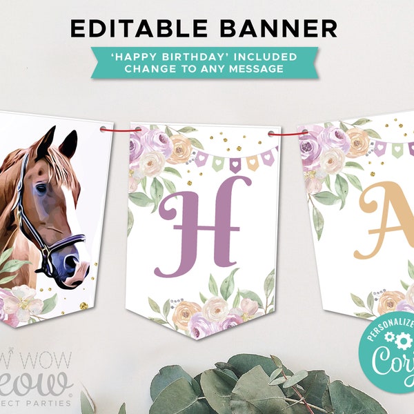 Horse Riding Party Banner Pony Girls Birthday Floral Saddle Up Editable Instant Download Bunting Flags Birthday Decoration Printable WCBK423