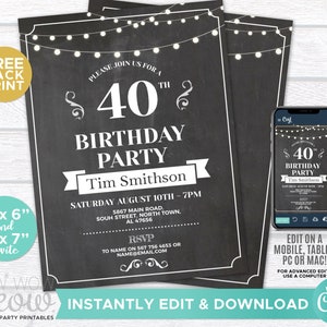 40th Surprise Birthday Invite Chalk Party Invitation Forty 40 INSTANT DOWNLOAD Lights Men Womens Personalize Editable Printable EDIT WCBA043