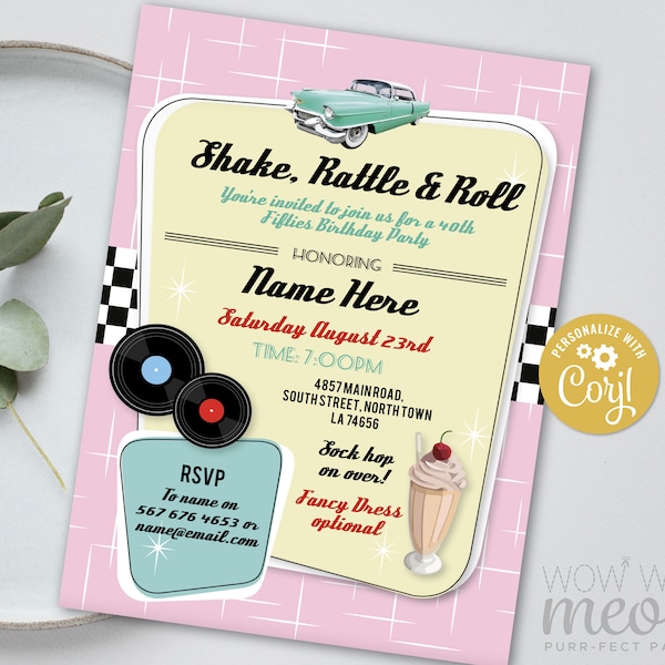 Shake Rattle & Roll 1950's Invitations Diner Rock N Birthday Invites INSTANT DOWNLOAD Pink Milkshake Retro 1950's Fifties Edit Print WCBA176