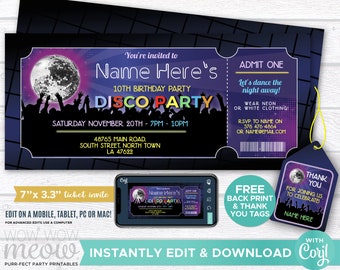 Disco ticket invites Admit One Party Invite Birthday INSTANT DOWNLOAD Ball Neon Paint Dance Girls Boys Customize Personalize Edit WCBK129