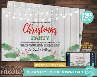 Könnte beinhalten: Weihnachtsparty-Einladung mit hellem Holz-Hintergrund, Lichterketten und Stechpalmen-Dekorationen. Der Einladungstext enthält Party-Details. Kostenloser Rückseitendruck und Bearbeitung auf Mobilgeräten, Tablets oder Computern.