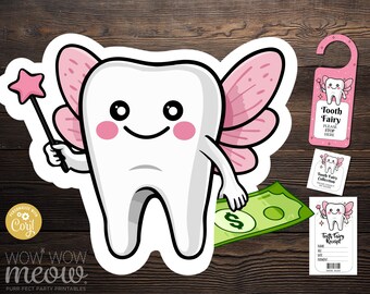 Tooth Fairy Bundle Money Children Lost Teeth Cute Pink Girls Receipt Door Hanger Personalize Kid's Editable WCWA038