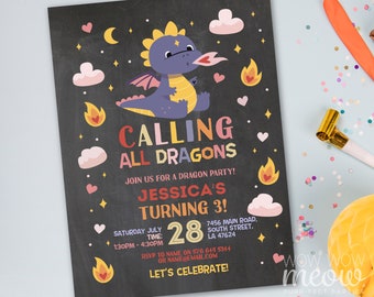 Dragon Birthday Invitation Cute Girls Party INSTANT DOWNLOAD Pink Wild Fun Invite Chalk Any Age Editable Printable WCBK556
