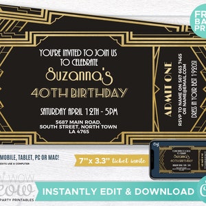Art Deco Tickets Birthday Roaring Invitation Invite 1920s Party INSTANT DOWNLOAD Twenties Gatsby Gold Personalize Editable Printable WCBA046