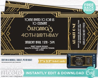 Art Deco Tickets Birthday Roaring Invitation Invite 1920s Party INSTANT DOWNLOAD Twenties Gatsby Gold Personalize Editable Printable WCBA046