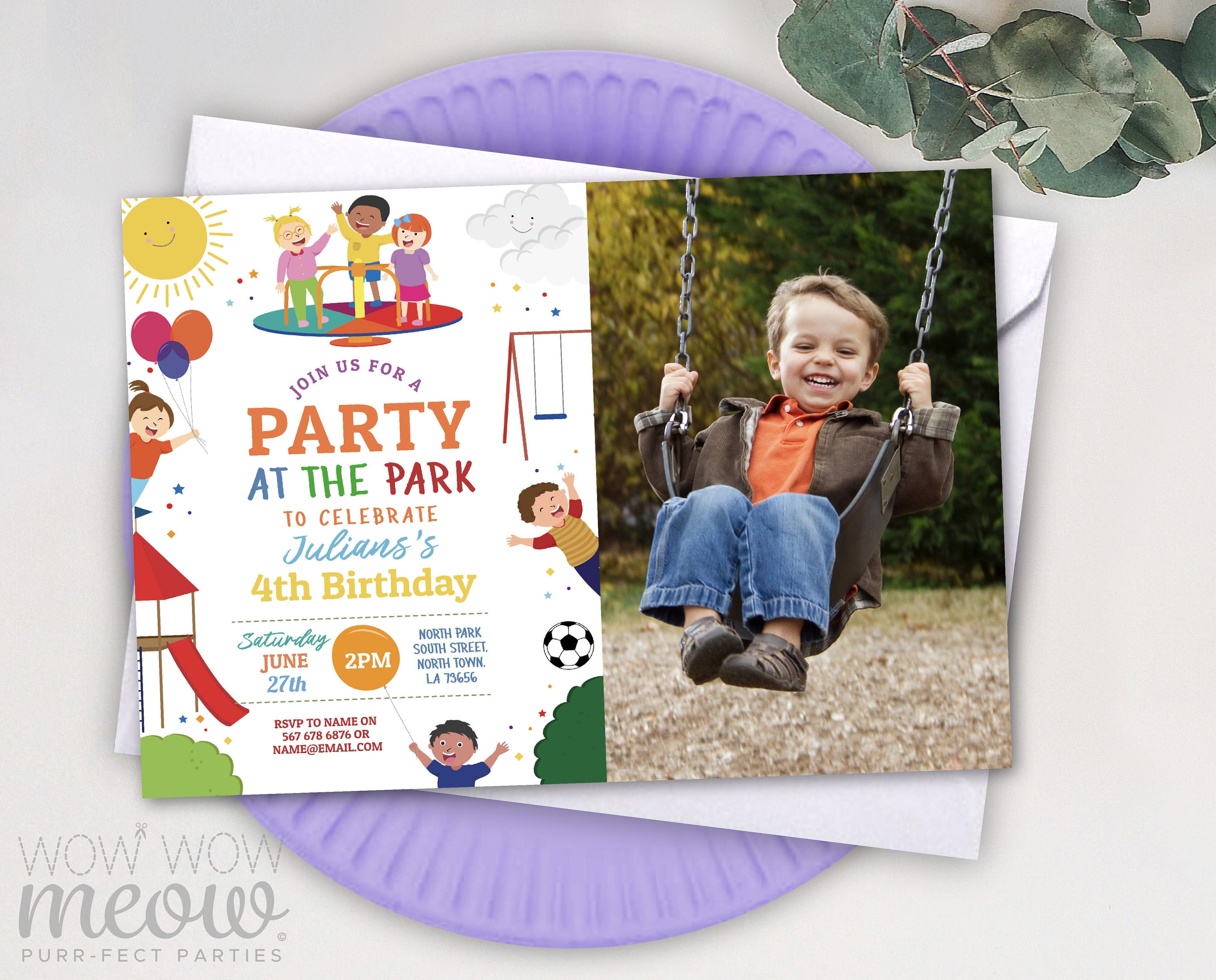Party Park Birthday Invitations Playground Photo Outside Kids ANY Age