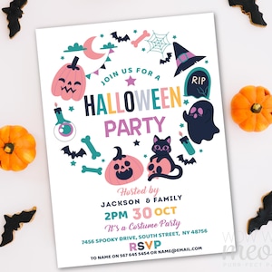 Halloween Invitations Pink Birthday Ghost Costume Children&#39;s Party Invite Printable Girls Boys DOWNLOAD Bats Pumpkin Personalized WCHA155