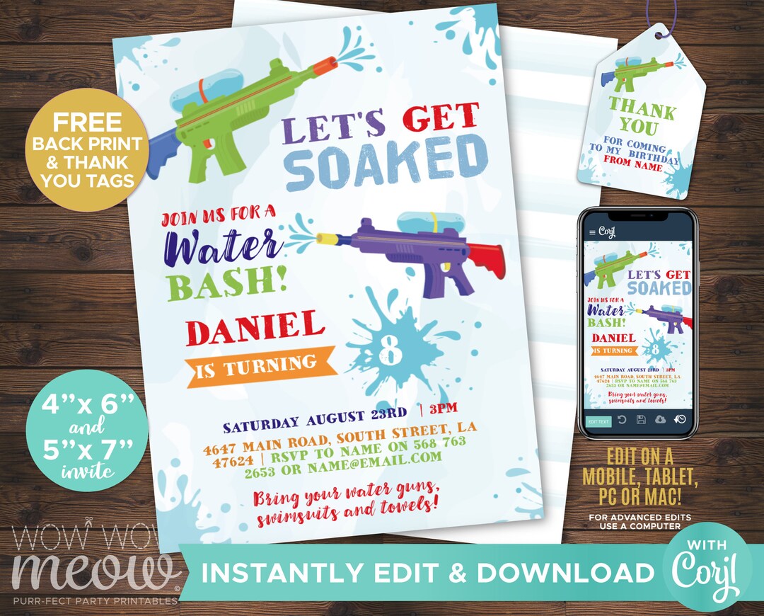 Water Gun Lets Get Soaked Party Birthday Invite Swimming Invitation
