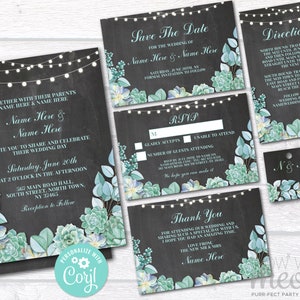 Succulents Wedding Invitations Set Template INSTANT DOWNLOAD Mint Rustic Package Printable Invite Save The Date Personalize Editable WCWP050