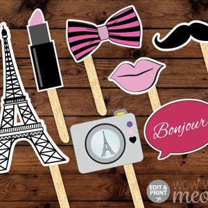 PARIS Photo Props INSTANT DOWNLOAD Birthday Party Fun Display Take Snaps Moustache Printable Games Booth Bowtie French Beret Hat Tash Booth image 1
