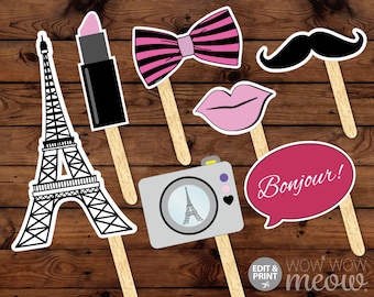 PARIS Photo Props INSTANT DOWNLOAD Birthday Party Fun Display Take Snaps Moustache Printable Games Booth Bowtie French Beret Hat Tash Booth