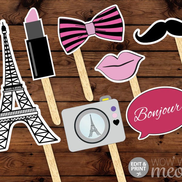 PARIS Photo Props INSTANT DOWNLOAD Birthday Party Fun Display Take Snaps Moustache Printable Games Booth Bowtie French Beret Hat Tash Booth