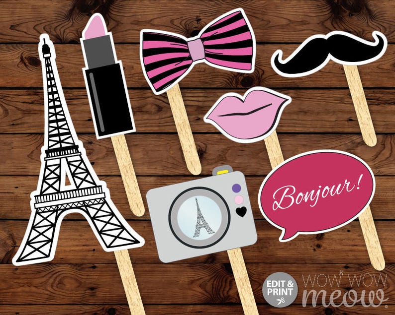 PARIS Photo Props INSTANT DOWNLOAD Birthday Party Fun Display Take Snaps Moustache Printable Games Booth Bowtie French Beret Hat Tash Booth image 1