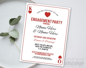Könnte beinhalten: Eine weiße Karte mit roten Akzenten, die eine Verlobungsfeier für Name Here & Name Here ankündigt. Die Party findet am Samstag, den 3. Juni um 17:00 Uhr mit Abendessen und Tanz in der 4657 Main Road, South Street, LA 84634 statt. RSVP an Name unter 5676554653 oder Name@email.com. Das Paar ist bei Amazon & Bed, Bath & Beyond registriert.