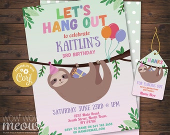 Sloth Invitation Birthday Party Let's Hang Out Chill INSTANT DOWNLOAD Boys Girls Jungle Animal Fun Invite Any Age Editable Printable WCBK360