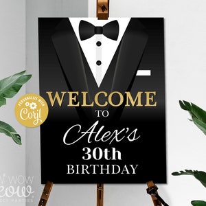 Tuxedo Black Tie Party Birthday 24 x 36 Welcome Sign Editable Party Poster Secret Agent Spy White Ball Instant Download Printable - WCBA033