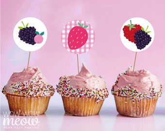Berry Sweet First Cupcake Toppers Framboise One 1st Birthday Girls Cakes Party TÉLÉCHARGEMENT INSTANTANÉ Kids's Kid's Party Top Cakes WCBK420