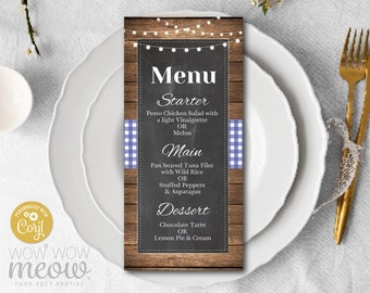 Menu Dinner Template Blue Check Wedding INSTANT DOWNLOAD Wood Chalk I Do BBQ Set Table Matching Invites Personalize Editable WCWI001