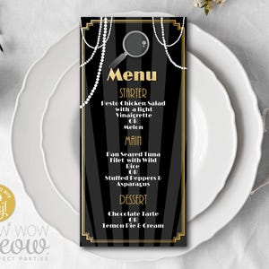 Art Deco Menu Dinner 1920s Gatsby Black Gold Template Package Murder Mystery DOWNLOAD Birthday Printable Personalize Editable WCBA259