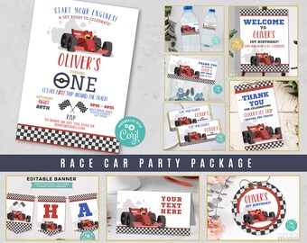 May include: A printable party package for a race car themed first birthday party. The package includes a welcome sign, thank you tags, water bottle labels, favor tags, a banner, a card, and a circle tag. The design features a red race car with black and white checkered flags.