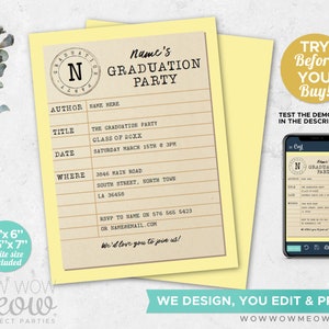 Graduation Party Invitation Library Yellow Invite INSTANT DOWNLOAD Study Books Book Theme Uni University Digital Editable Printable WCGR016 image 2