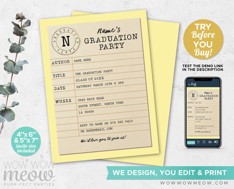 Graduation Party Invitation Library Yellow Invite INSTANT DOWNLOAD Study Books Book Theme Uni University Digital Editable Printable WCGR016 image 2