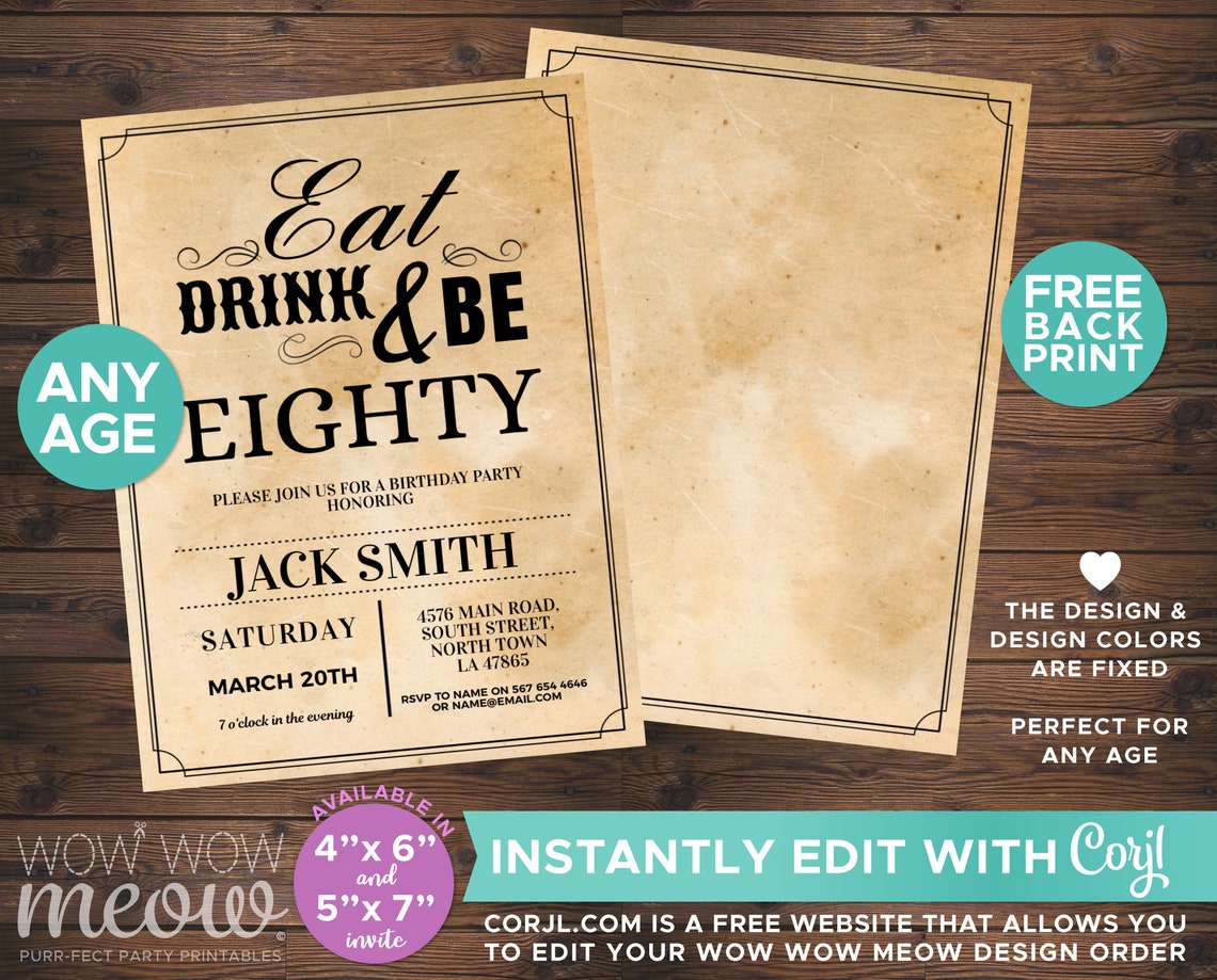 80th Invitations Eat Drink and Be EIGHTY 80 Birthday Invite - Etsy UK