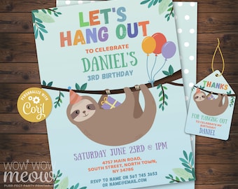 Sloth Invitation Birthday Party Let's Hang Out INSTANT DOWNLOAD Boys Girls Jungle Animal Fun Invite Any Age Editable Printable WCBK360