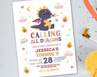 Dragon Birthday Invitation Cute Girls Party INSTANT DOWNLOAD Pink Wild Fun Invite Any Age Editable Printable WCBK556