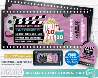 Movie Night Ticket Pink Invitation Birthday Party Invite INSTANT DOWNLOAD Film Any Age Girls Theatre  Personalize Editable Printable WCBK021